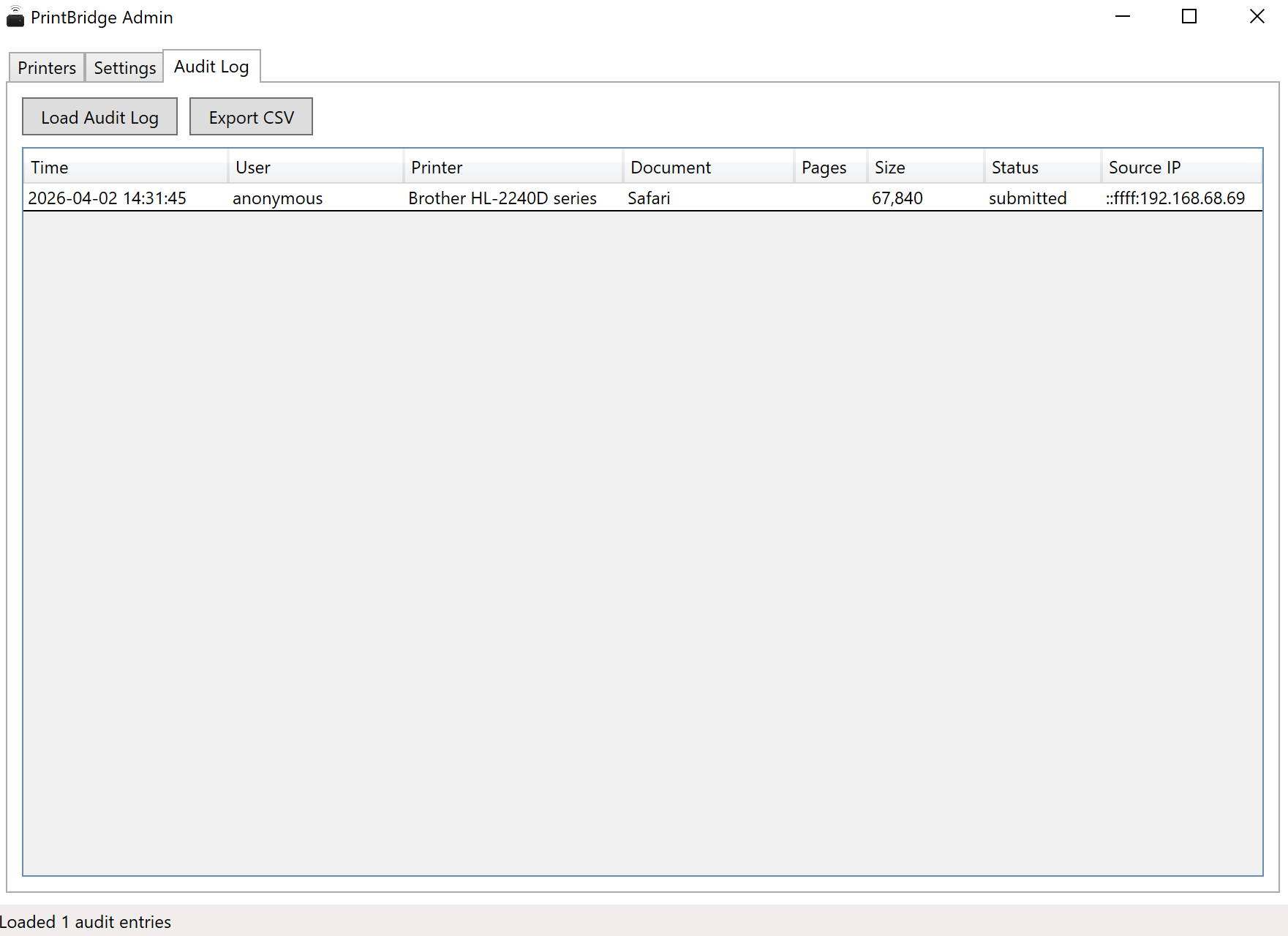 PrintBridge Admin — audit log showing print history