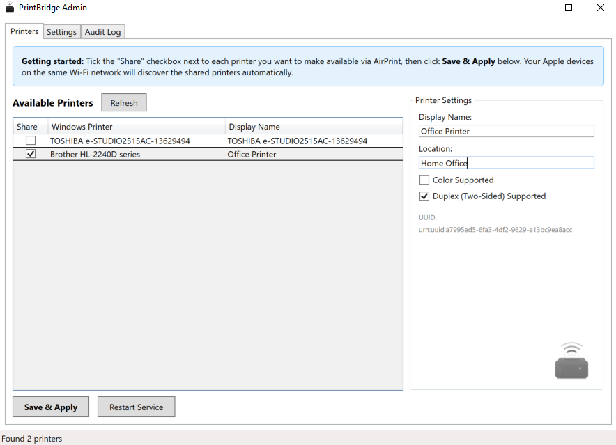 PrintBridge Admin — share printers with one click