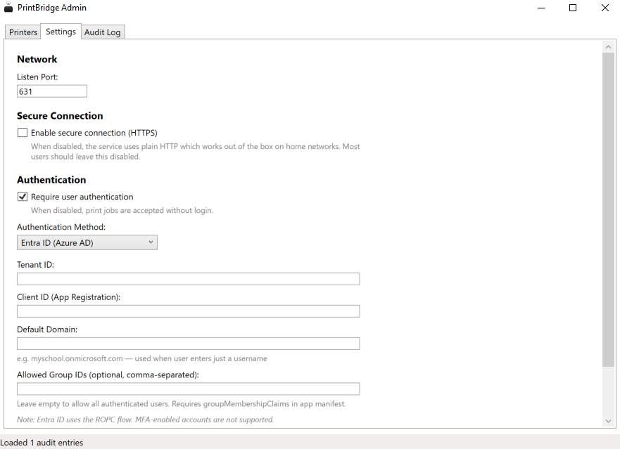 PrintBridge Admin — configure authentication and network settings
